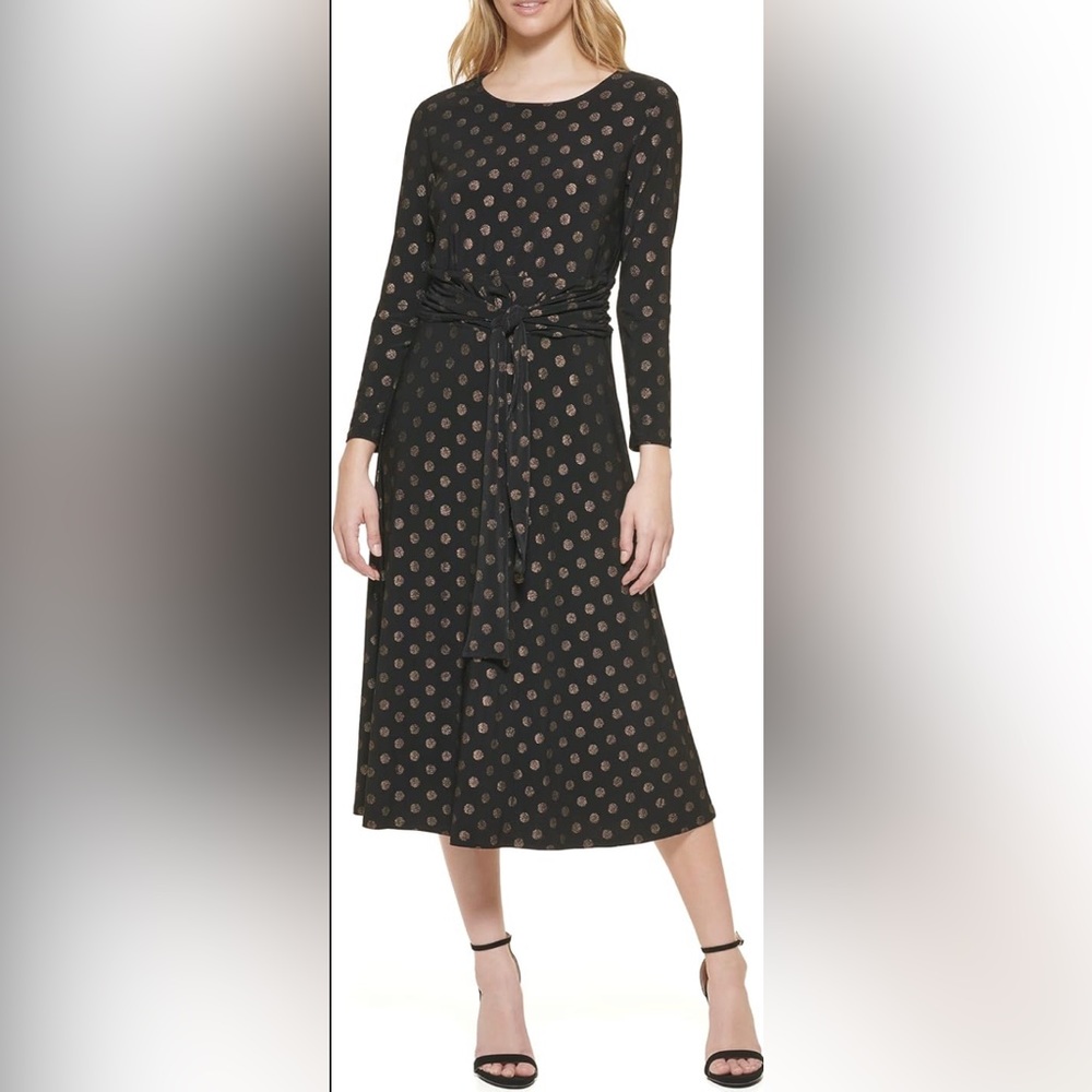 Tommy Hilfiger Black Long-Sleeve Polka Dot Tie-Waist Midi Dress